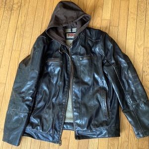 Men’s Levi’s pleather motorcycle jacket with built-in hoodie